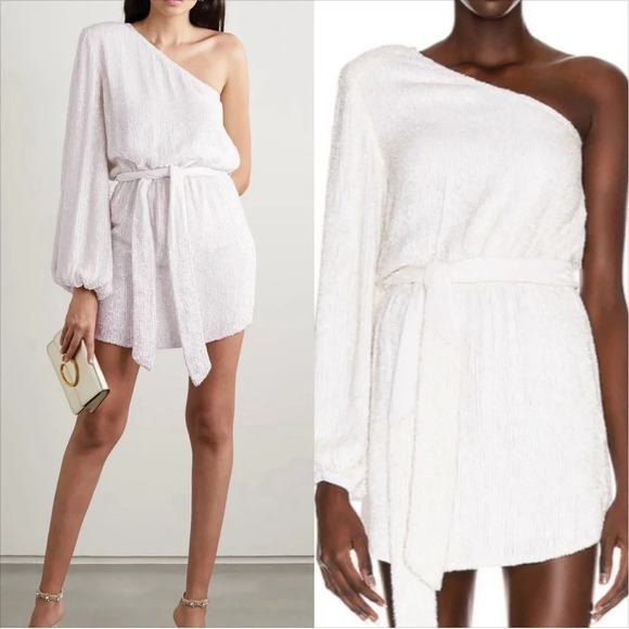 RETROFÊTE Bridgette one-shoulder velvet-trimmed sequined chiffon mini dress SZ S - Picture 2 of 9